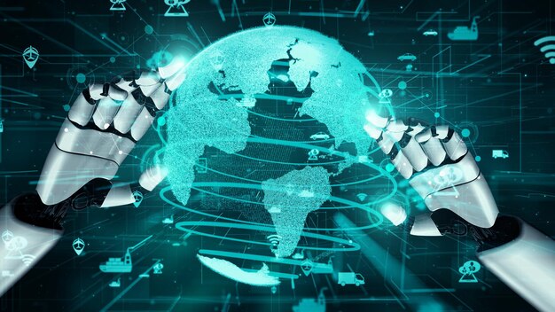 Футуристический робот с искусственным интеллектом, освещающий концепцию технологии AI