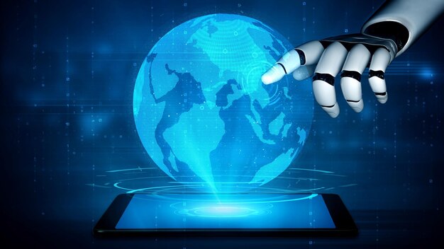 Futuristic robot artificial intelligence enlightening AI technology concept