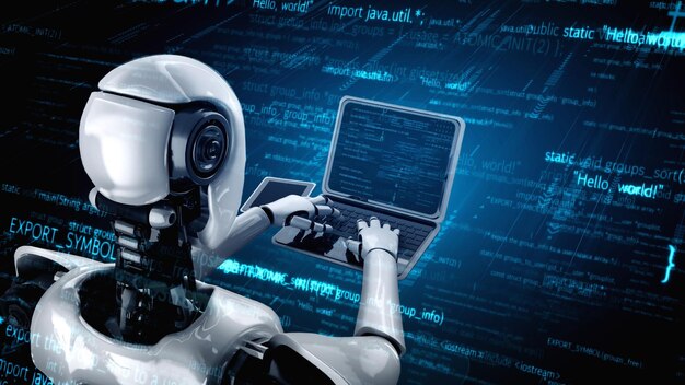 Photo futuristic robot artificial intelligence huminoid ai programming coding