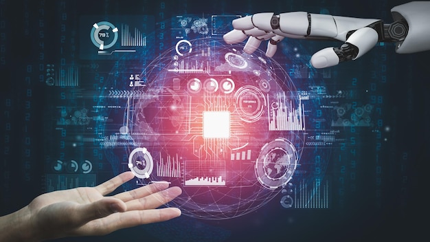 미래형 로봇 인공 지능 혁신적인 AI 기술 개발 및 기계 학습 개념 인간 삶의 미래를 위한 글로벌 로봇 생물학 연구 3D 렌더링 그래픽