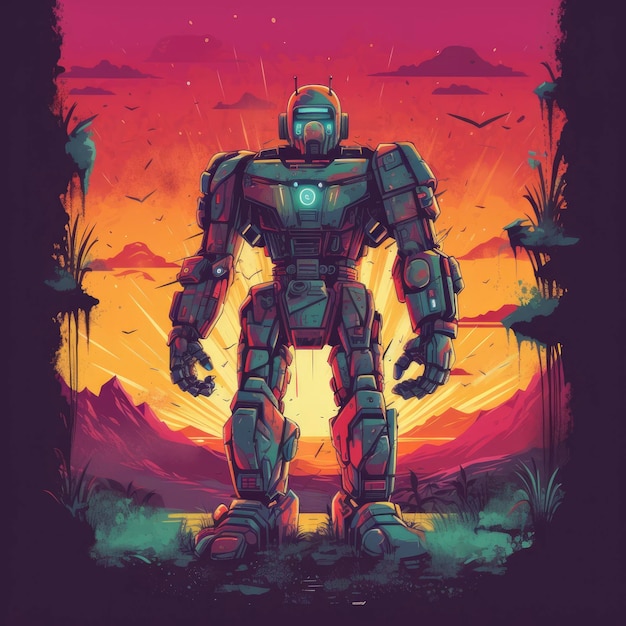 Futuristic robot on the background of the sunset Vector illustration