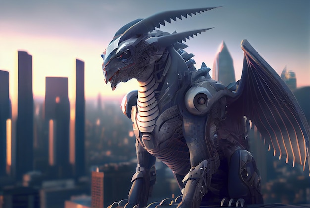 Futuristic robot cyborg dragon watching over the city Generative AI