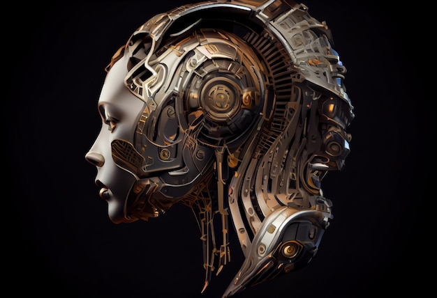 Futuristic robot or cyborg head in profile Isolated on black background Generate Ai