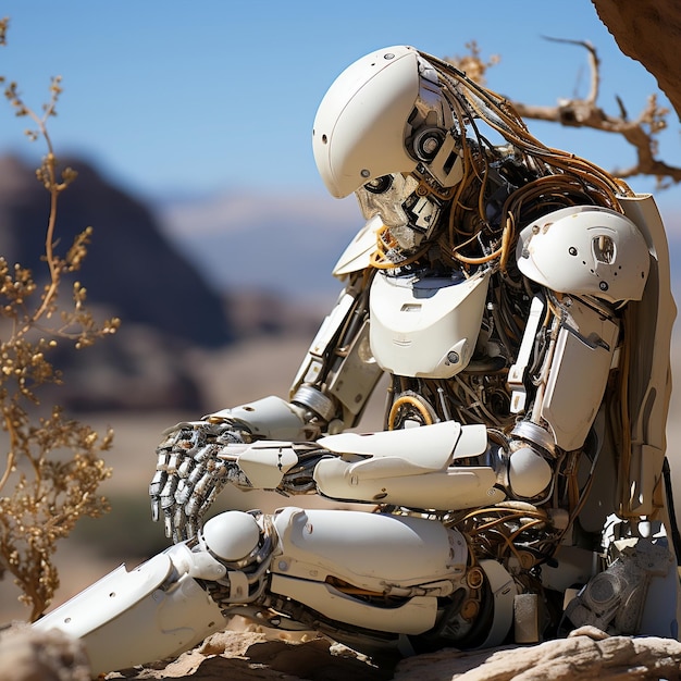 A futuristic robot in a desert setting