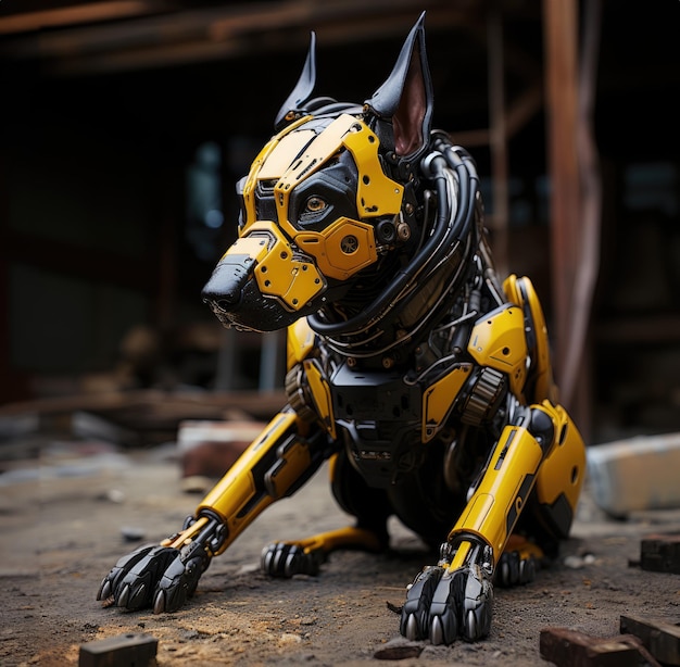 Futuristic robot dog assistant of man in the near future