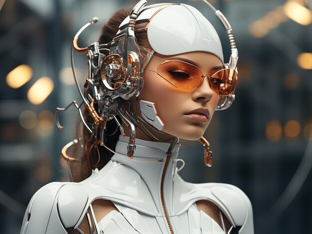 Photo futuristic robot girl in a spacesuit against a chrome stand