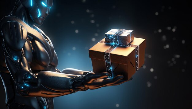 Photo futuristic robot gives you a gift in a box