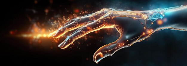 Futuristic robot hand with burning flames