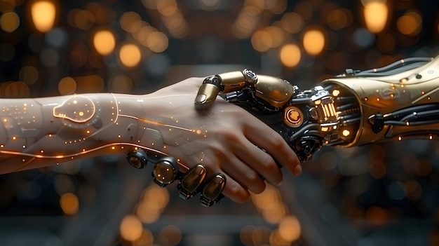 Futuristic Robot Handshake in Sleek Dark Gold and Silver Style