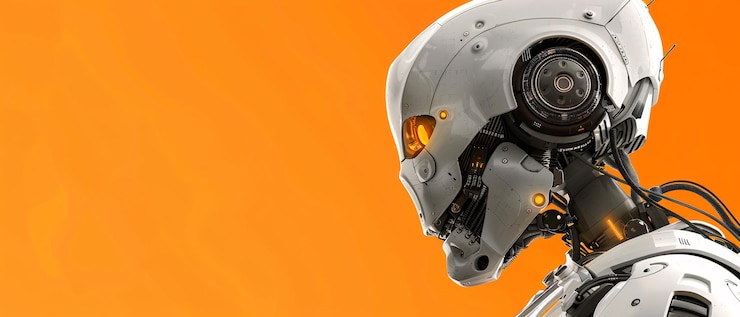 Photo futuristic robot head with glowing eyes on orange background