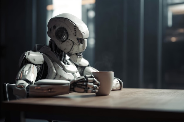 未来的なロボットはリラックスした小さな一杯のコーヒー生成aiに座っています