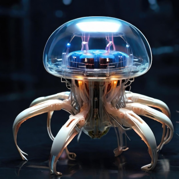 透明なドーム状の頭柔軟な金属の触角暗い背景に設置されたLEDライトを持つ未来的なロボット水母