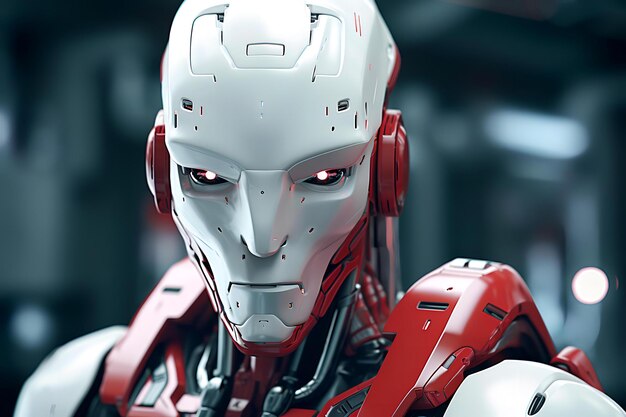 Futuristic robot model with red eyes and white helmet