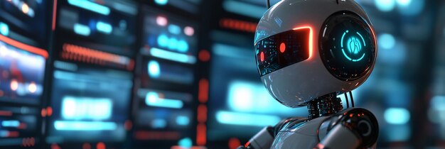 futuristic robot programming at computer with coding screen in tech environment