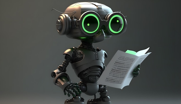 Futuristic robot reading book with green eyes on abstract background