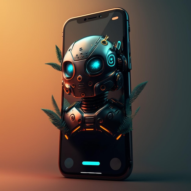 Futuristic robot in screen of smartphone Concept of chatbot with artificial intelligence