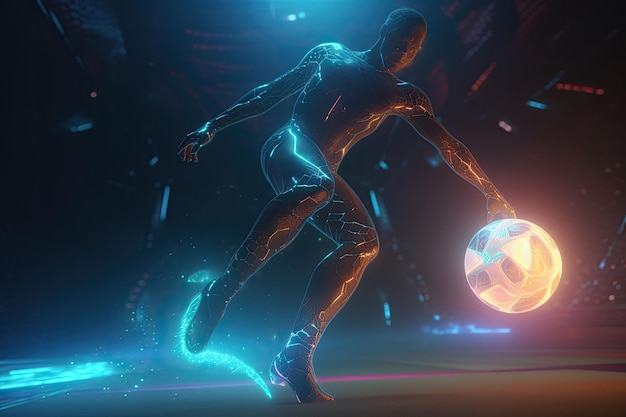 A futuristic robot soccer player playing with a glowing soccer ball Generative AI