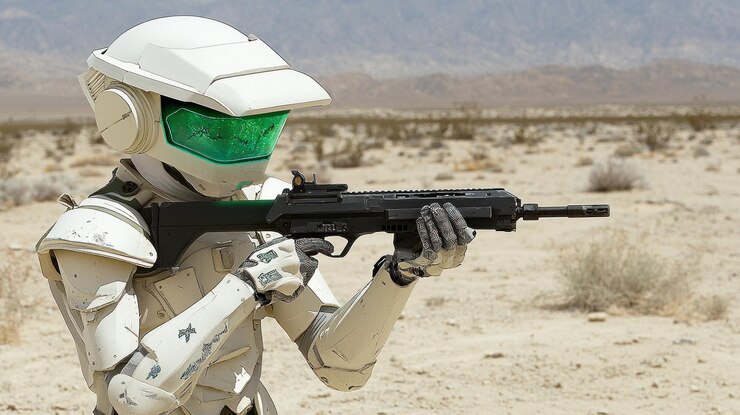 Photo futuristic robot soldier in desert aiming rifle
