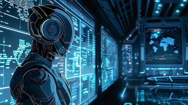 A futuristic robot stands in a control room monitoring multiple screens of data