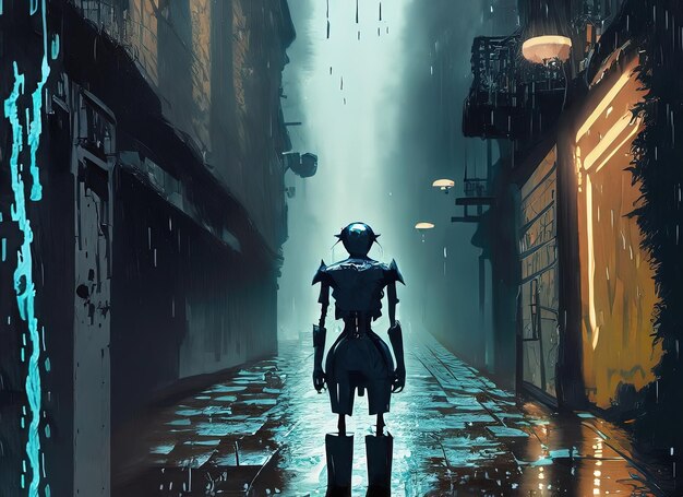 夜景の通りで未来的なロボット