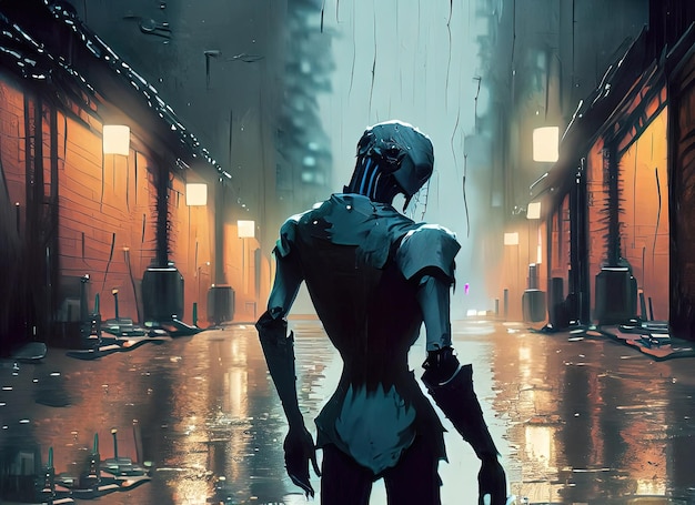 a futuristic robot on street in the night view