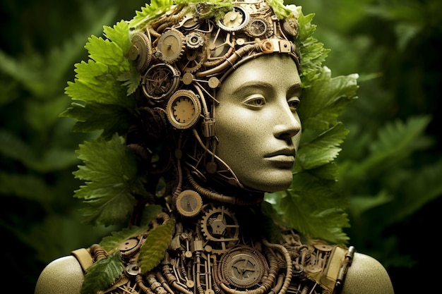 A futuristic robot surrounded by lush greenery highlighting the intersection of technology and nature A cyborg standing amidst the beauty of nature integration of technology with the natural world