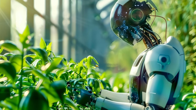 Futuristic robot tending plants in greenhouse