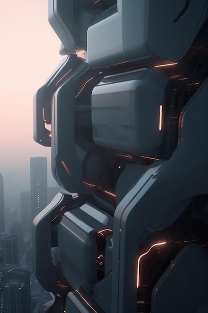 A futuristic robot with a city in the background