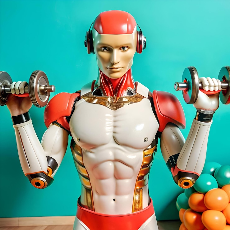 Photo a futuristic robot with a defined physique lifts weights while wearing headphones illustrating the intersection of artificial intelligence and fitness