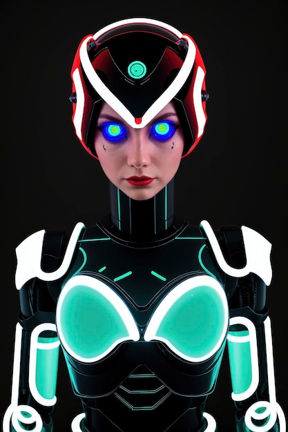 ネオンのアクセントと輝く目を持つ未来的なロボット