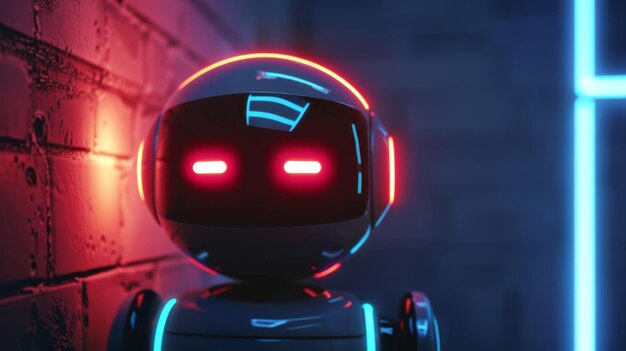 Photo futuristic robot with red eyes in neon light