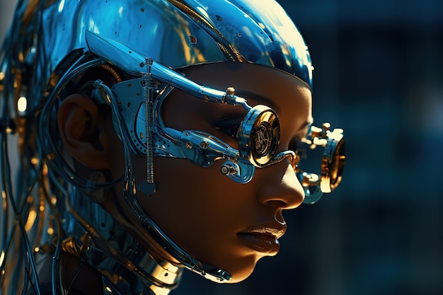 Futuristic robot woman wearing royal golden helmet close up