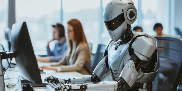 Futuristic robot working alongside humans in office aig