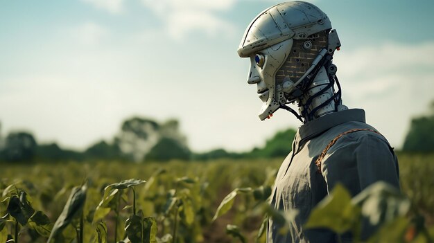 A Futuristic robot working in the field as a farmer