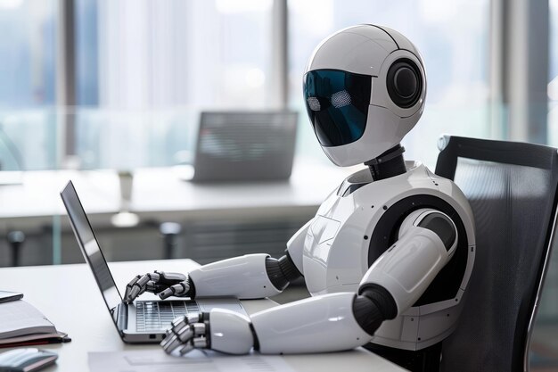 Photo futuristic robot working on laptop in corporate office