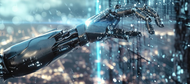 都市風景 の 背景 に 描か れ て いる 未来 的 な ロボット 腕