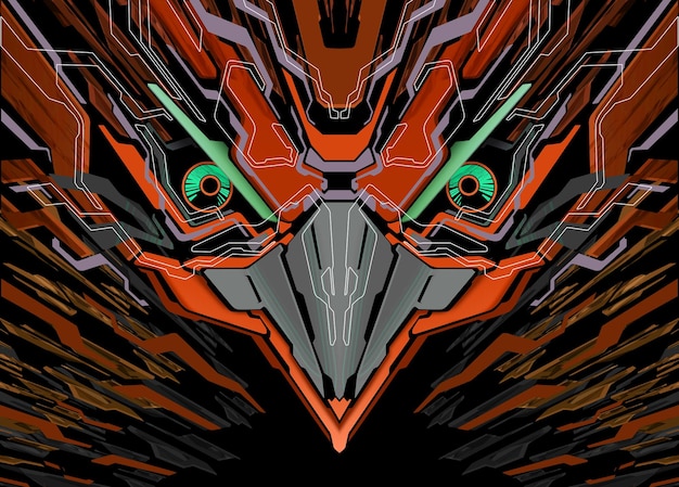 Futuristic Robotic Bird Head Mecha Orange Green Black