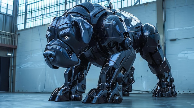 Photo futuristic robotic bulldog in a scifi warehouse environment hightech mechanical animal concept