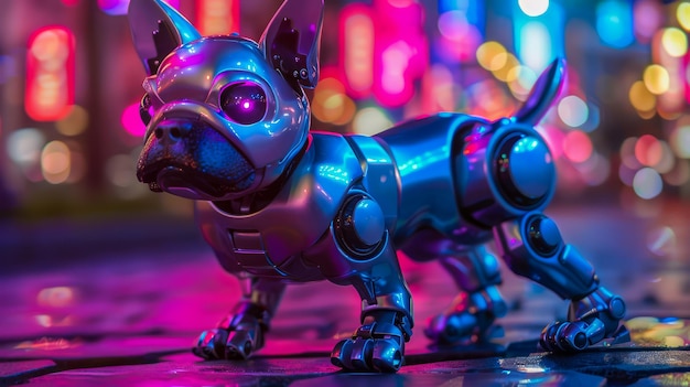 写真 都市 街 の 夜 の 場面 に 照らさ れ て いる 未来 的 な ロボット 犬 の 玩具