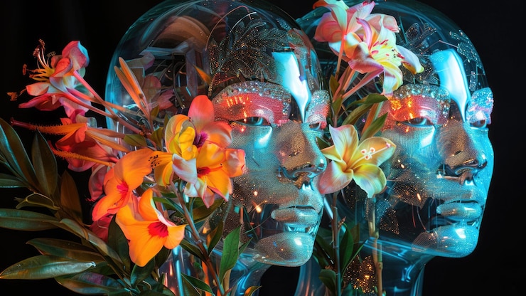 Photo futuristic robotic heads adorned with vibrant flowers