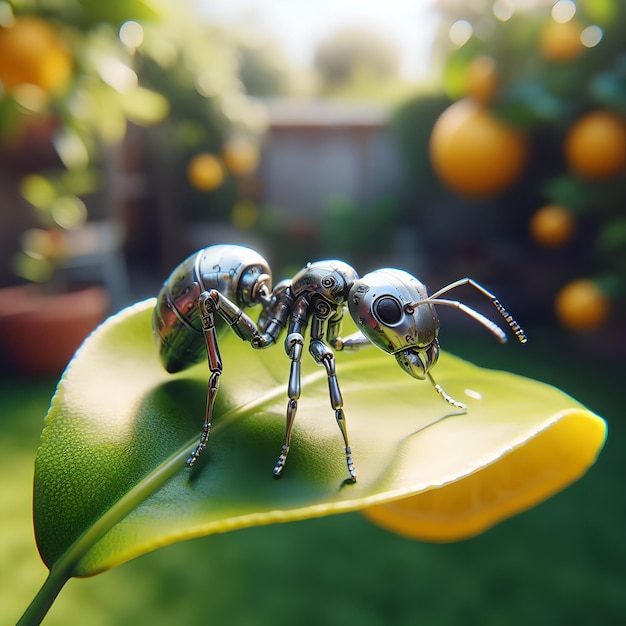 futuristic robotic silver ant in the garden on a lemon leaf