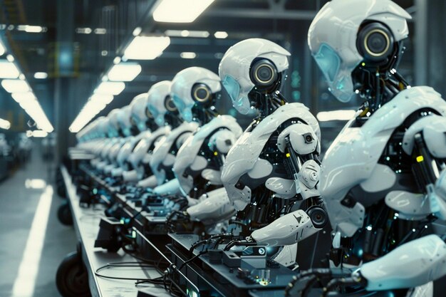 Futuristic Robots assembling in a factory setting generative ai