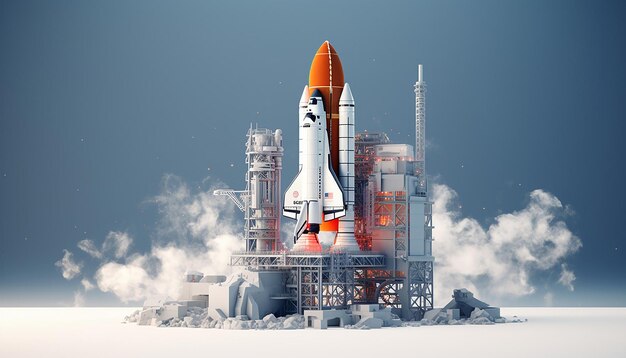 A futuristic rocket at a launch pad preparing for takeoff isometric