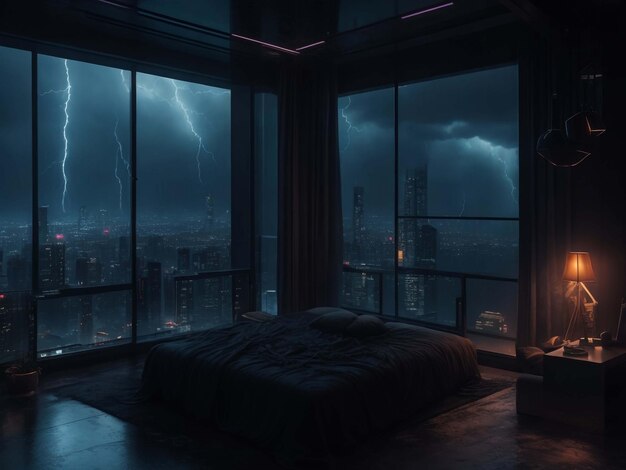 futuristic room in cyberpunk dystopian New York illustration illustration for wallpape