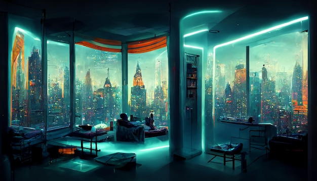 Futuristic room in cyberpunk dystopian New York illustration