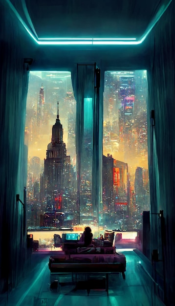 Futuristic room in cyberpunk dystopian New York illustration