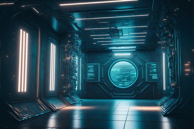 A futuristic room with a blue light and a door that says'cyberpunk '