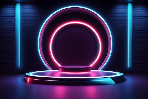 Futuristic room with circle neon podium and a round neon lamp 3D space with empty stage