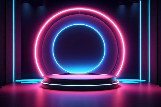 Futuristic room with circle neon podium and a round neon lamp 3D space with empty stage