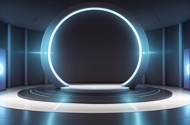 Futuristic room with circle neon podium and a round neon lamp 3D space with empty stage